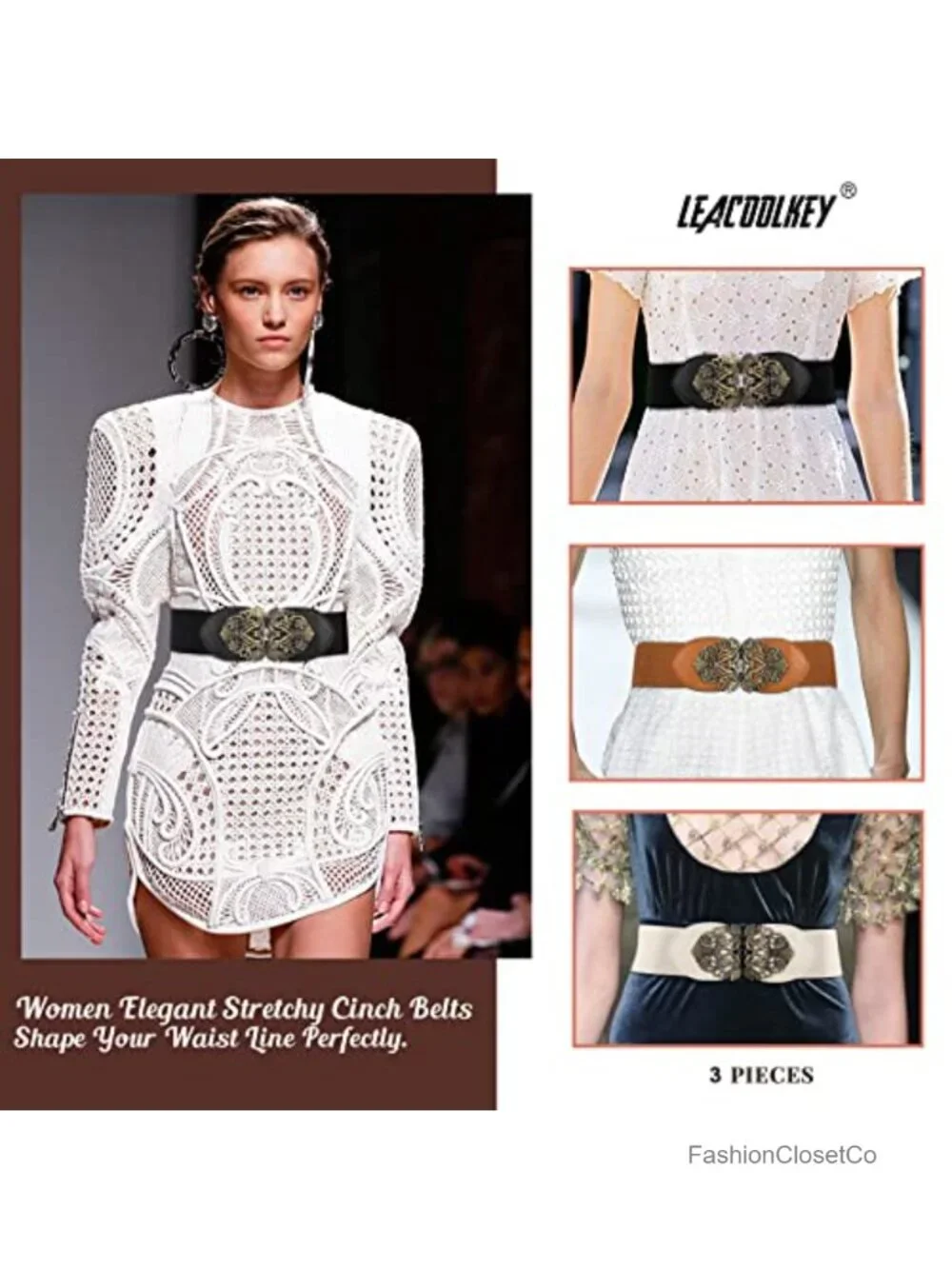 Wide Stretch Waist Belt for Dresses, Vintage Interlocking Buckle, High Elastic